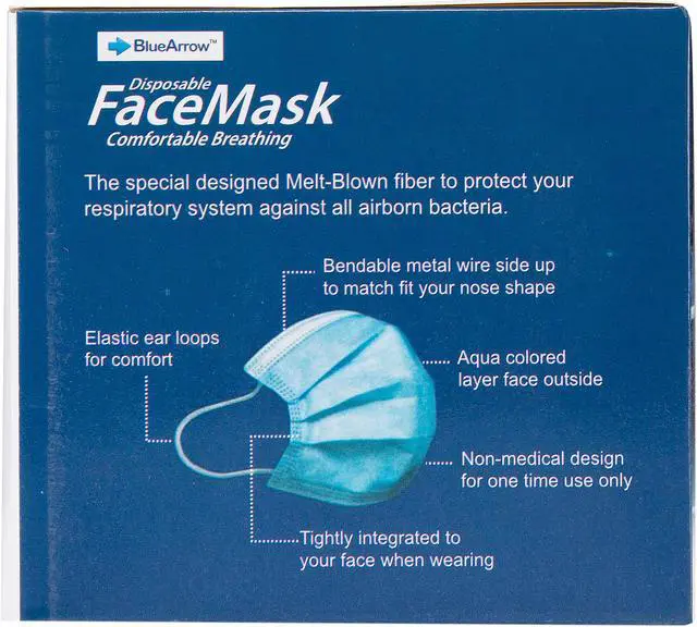 Alt view image 2 of 3 - Blue Arrow Disposable 3-Layers Face Mask in Blue Color, Size: 6.10" x 4.13", 50 pcs per Box