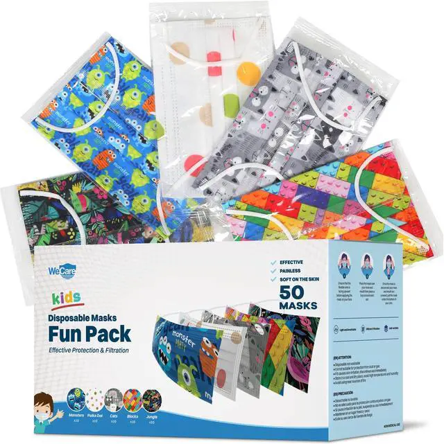 Main image of WeCare Disposable Face Mask, 3-Ply with Ear Loop (50 Individually Wrapped) - For KIDS - Fun Pack