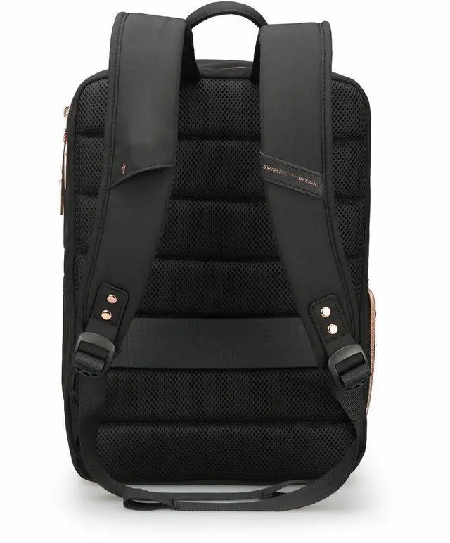 Alt view image 2 of 8 - Swissdigital KATY ROSE NG Black L+ Smart Laptop Backpack - Sleek Tech Travel Bag with USB Charging Port, RFID Pocket, Eco-Friendly Fabric, Trolley Sleeve, Fits 16" Laptop   SD1645-01