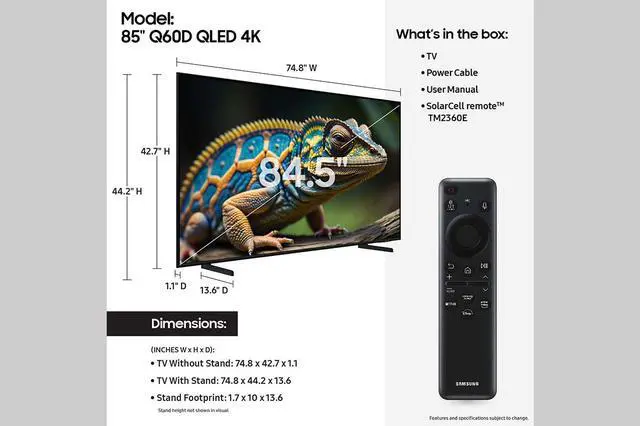 Alt view image 5 of 10 - Samsung 85" Class Q60D Series QLED 4K Smart TV (QN85Q60DAFXZA, 2024)