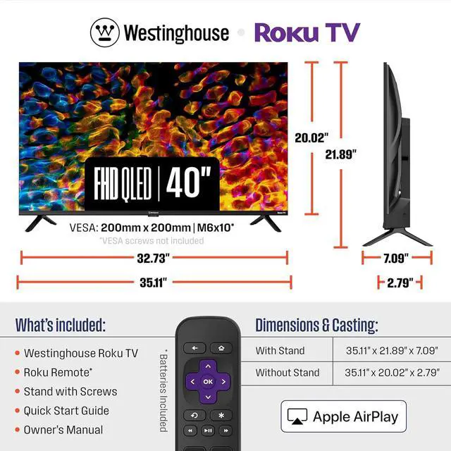 Alt view image 4 of 10 - Westinghouse 40" Class Smart Roku TV, HD QLED, Dolby Digital+, Wi-Fi, Bluetooth, AirPlay, Alexa & Google Assistant