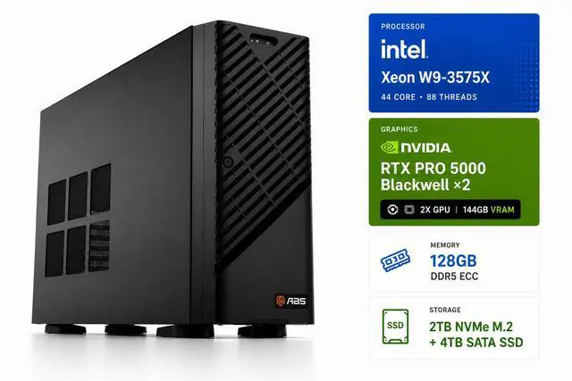 ABS AI Workstation - 144GB Aggregate VRAM (2x 72GB NVIDIA RTX PRO 5000 Blackwell), Intel Xeon W9-3575X, 128GB ECC DDR5 RDIMM, 2TB+4TB NVMe M.2, 2000W 80+ Gold, Ubuntu (Zaurion ZAW9-3575X-RP500072X2)