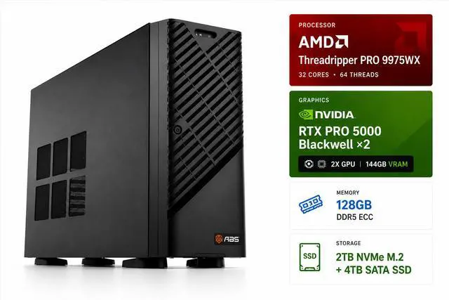 Main image of ABS AI Workstation - 144GB Aggregate VRAM (2x 72GB RTX PRO 5000 Blackwell), AMD Ryzen Threadripper PRO 9975WX, 128GB ECC DDR5, 2TB+4TB NVMe M.2, 2000W 80+ Gold, Ubuntu (Zaurion ZRP9965WX-RP500072)