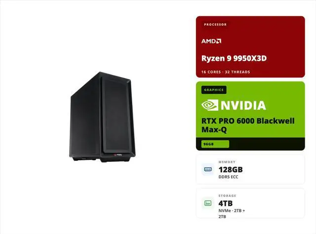 Main image of ABS AI Workstation - 96GB VRAM (NVIDIA RTX PRO 6000 Blackwell Max-Q), AMD Ryzen 9 9950X3D, 128GB ECC DDR5 UDIMM, 2x 2TB NVMe M.2, Ubuntu (Zaurion ZRR9950X3D-RP6000MQ)