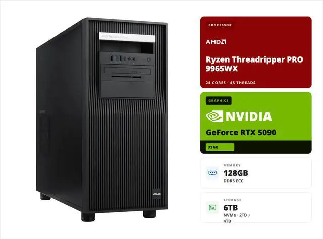Main image of ABS AI Workstation - 32GB VRAM (ASUS GeForce RTX 5090), AMD Ryzen Threadripper PRO 9965WX, 128GB ECC DDR5, 2TB + 4TB PCIe 5.0 NVMe SSD, 2000W Platinum PSU, Ubuntu (Kalyron KR-TP9965WX-AR5090)