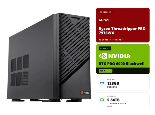Main image of ABS AI Workstation - 96GB Aggregate VRAM (96GB RTX PRO 6000 Blackwell MaxQ), AMD Ryzen Threadripper PRO 9975WX, 256GB ECC DDR5, 2TB+4TB+8TB M.2 , Windows 11 Pro (Zaurion ZRP9975WX-RP6000M)