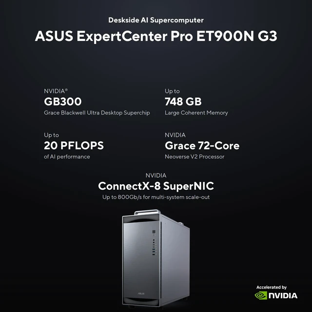 Alt view image 4 of 10 - ASUS ExpertCenter Pro ET900N G3 AI Workstation NVIDIA GB300 Grace 72 Core CPU 496GB LPDDR5X RAM Blackwell GPU 252GB HBM3E 2x 400 Gb/s QSFP ports, 1x 10 Gb/s LAN port, 2x 2TB M.2 Single 1600W PSU