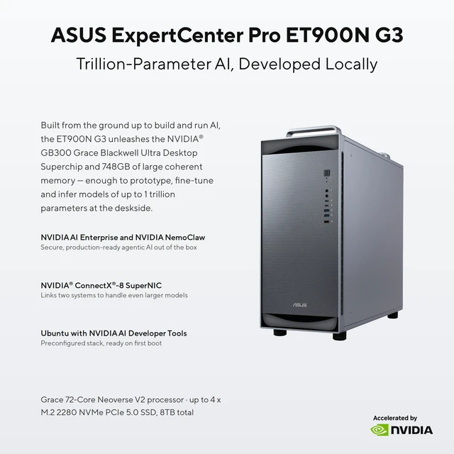 Alt view image 5 of 10 - ASUS ExpertCenter Pro ET900N G3 AI Workstation NVIDIA GB300 Grace 72 Core CPU 496GB LPDDR5X RAM Blackwell GPU 252GB HBM3E 2x 400 Gb/s QSFP ports, 1x 10 Gb/s LAN port, 2x 2TB M.2 Single 1600W PSU