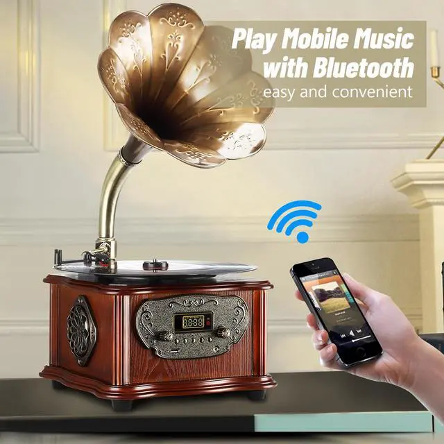 Alt view image 7 of 7 - LuguLake Record Player Retro Turntable All in One Vintage Phonograph Nostalgic Gramophone for LP with Copper Horn, Built-in Speaker 3.5mm Aux-in/USB/FM Radio