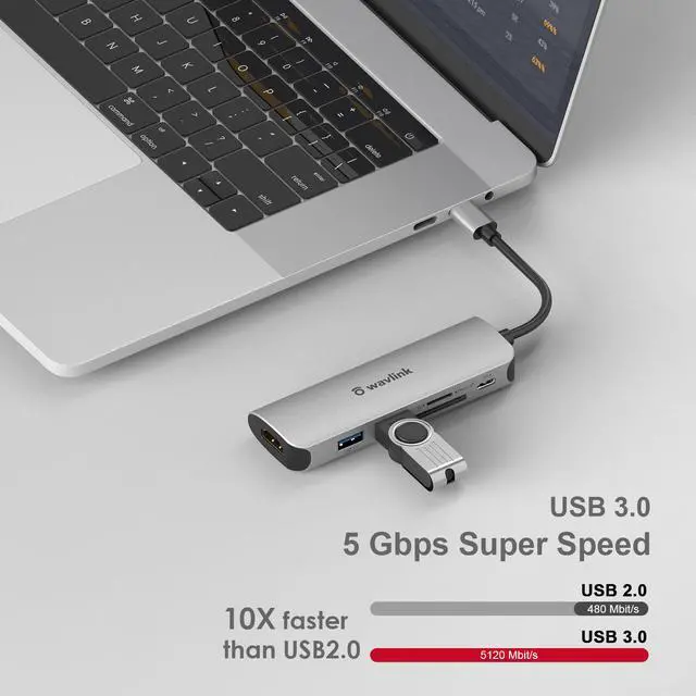 Alt view image 6 of 8 - Wavlink USB C Hub, 6-in-1 USB Adapter for Windows & Mac, with 2 USB3.0 Ports, 4K HDMI Port, SD/ microSD Cards Reader, 65W Power Supply for iPad Pro/MacBook/Type C Devices