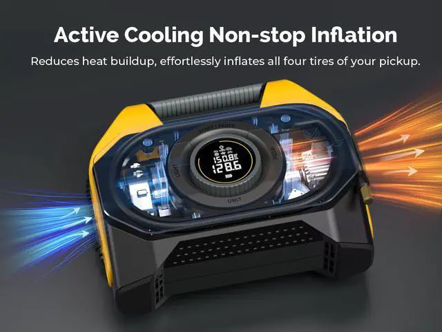 Alt view image 5 of 11 - Rosewill Vortex RS6C Cordless Tire Inflator Portable Air Compressor, 160 PSI Air Pump for Car Tires with 15600mAh Battery, 100% Duty Cycle & Dual Cylinder, Air Pump for Heavy-Duty Vehicle, Orange