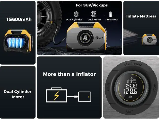 Alt view image 8 of 11 - Rosewill Vortex RS6C Cordless Tire Inflator Portable Air Compressor, 160 PSI Air Pump for Car Tires with 15600mAh Battery, 100% Duty Cycle & Dual Cylinder, Air Pump for Heavy-Duty Vehicle, Orange