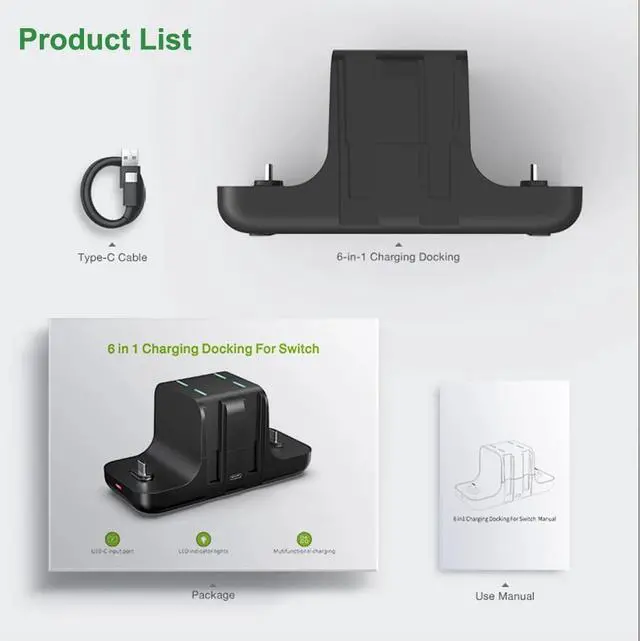 Alt view image 7 of 7 - Switch Charger Dock Station for Nintendo Switch, Idealforce 6 in 1 Fast Charger Station Desktop Dock Adapter with Type C Cable for Joycon&Pro Controller