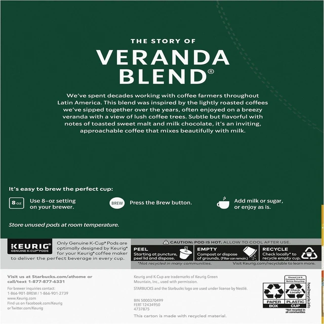 Alt view image 2 of 4 - Starbucks K-Cup Veranda Blend Coffee - Compatible with Keurig Brewer - Light - K-Cup - Veranda Blend - 24/Box - 4/Carton - 12434950CT