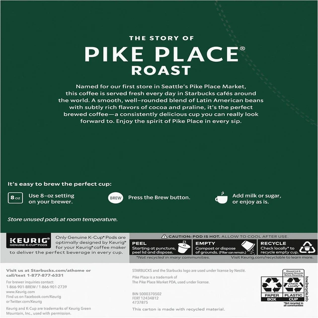 Alt view image 2 of 4 - Starbucks K-Cup Pike Place Roast Coffee - Compatible with Keurig Brewer - Medium - K-Cup - Pike Place Roast - 24/Box - 4/Carton - 12434812CT