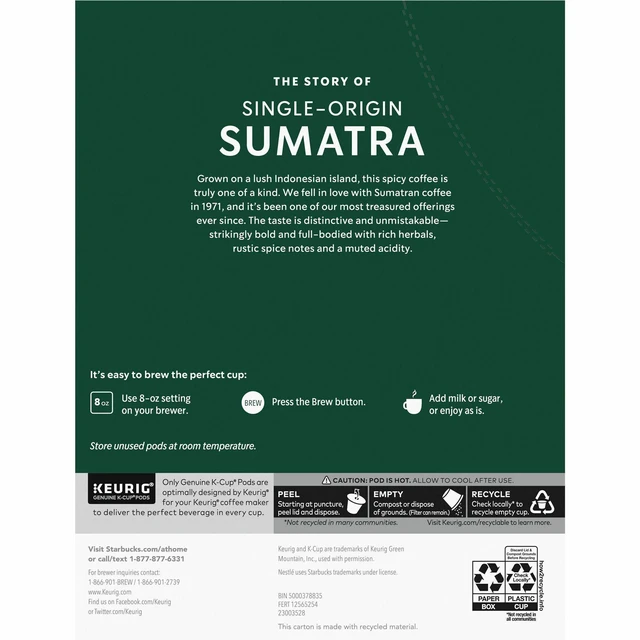 Alt view image 2 of 4 - Starbucks K-Cup Sumatra Blend Coffee - Dark - 24 K-Cup - K-Cup - Sumatra Blend - 4/Carton - 91281CT