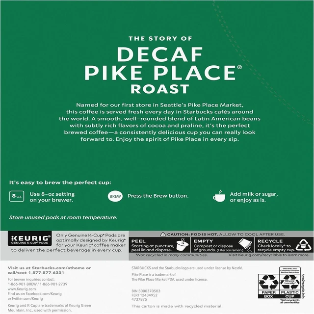 Alt view image 2 of 4 - Starbucks K-Cup Decaf Pike Place Roast Coffee - Compatible with Keurig K-Cup Brewer - American - Medium - 24 K-Cup - K-Cup - Decaffeinated - 4/Carton - 12434952CT