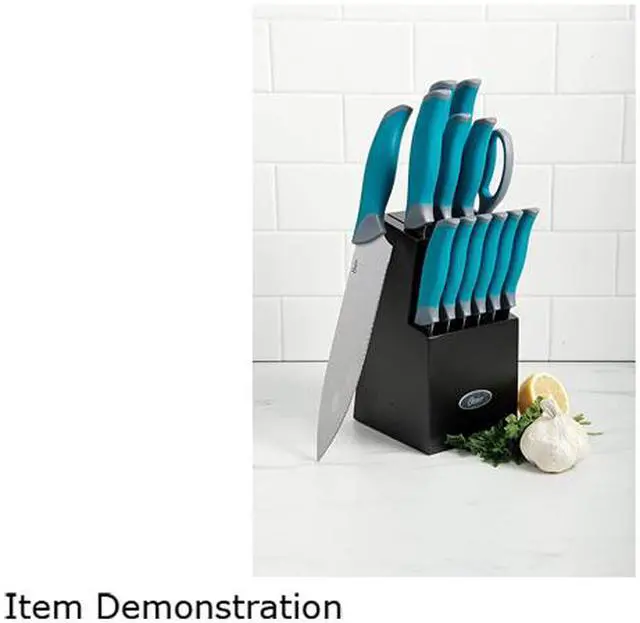 Alt view image 4 of 4 - Oster 81007.14 Lindbergh 14 Piece Stainless Steel Cutlery Set Black Block, Teal Handles