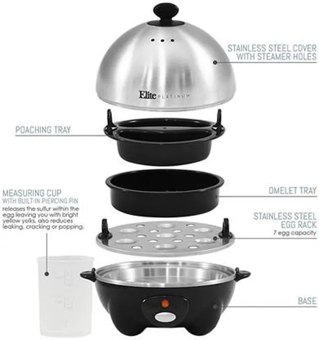 Alt view image 3 of 8 - Elite Platinum EGC-508 Egg Cooker with Stainless Steel Egg Tray and Lid, 7 Eggs, Black