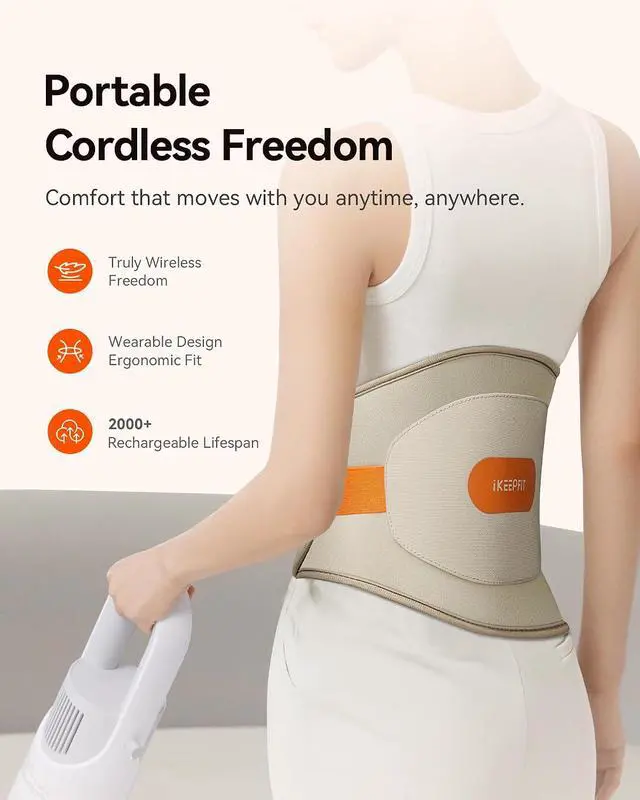Alt view image 3 of 12 - IKEEPFIT Portable Heating Pad for Back, Cordless Wearable Heat Belt with Massager for Lower Back Pain Relief, Battery Powered 8000 mAh Rechargeable, MAXwarm® 3.0, Gift for Women Men 90-310 lbs