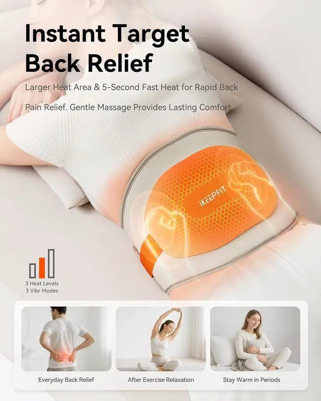 Alt view image 5 of 12 - IKEEPFIT Portable Heating Pad for Back, Cordless Wearable Heat Belt with Massager for Lower Back Pain Relief, Battery Powered 8000 mAh Rechargeable, MAXwarm® 3.0, Gift for Women Men 90-310 lbs