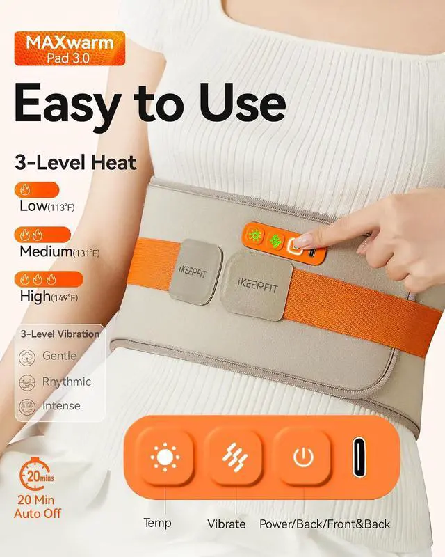 Alt view image 6 of 12 - IKEEPFIT Portable Heating Pad for Back, Cordless Wearable Heat Belt with Massager for Lower Back Pain Relief, Battery Powered 8000 mAh Rechargeable, MAXwarm® 3.0, Gift for Women Men 90-310 lbs