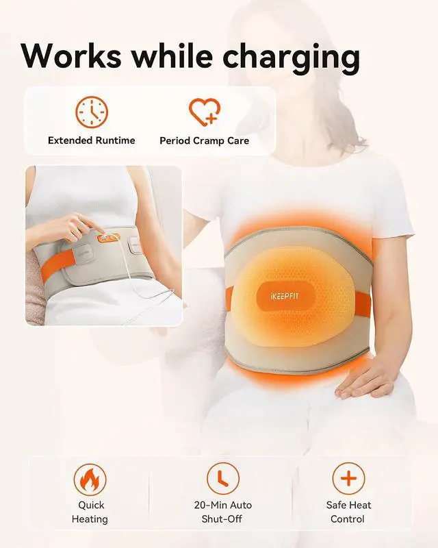 Alt view image 7 of 12 - IKEEPFIT Portable Heating Pad for Back, Cordless Wearable Heat Belt with Massager for Lower Back Pain Relief, Battery Powered 8000 mAh Rechargeable, MAXwarm® 3.0, Gift for Women Men 90-310 lbs