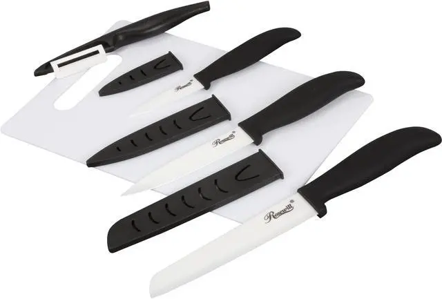 Main image of Rosewill RHKN-13002 5-Piece Ceramic Knife and Cutting Board Set - Black Handle