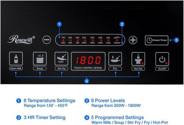 Alt view image 5 of 11 - Rosewill 1800W Portal Induction Cooktop Burner | Large Digital Screen Display | 1800 Watt | 5 Pre-Programmed Cooktop Settings | Stainless Steel Pot Included | 10" 3.5 QT - RHAI-15001