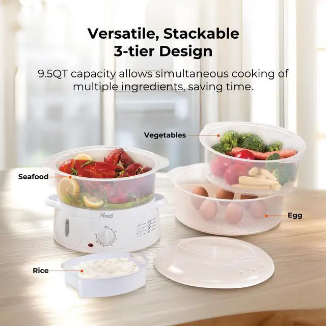 Alt view image 7 of 8 - Rosewill 3 Tier Electric Food Steamer with BPA-Free Stackable Baskets, 60-Minute Timer, Auto Shut-Off, Dishwasher Safe, Rice Bowl Included, 9.5-Qt, 800W - RHST-15001