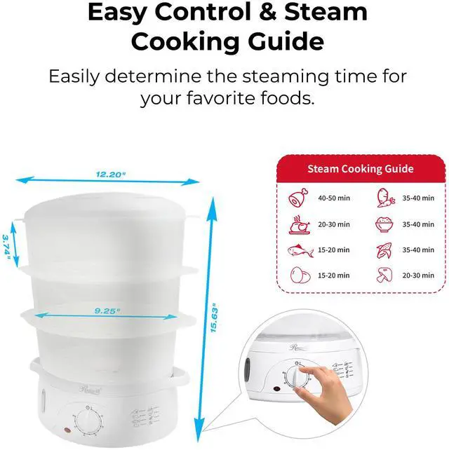 Alt view image 10 of 8 - Rosewill 3 Tier Electric Food Steamer with BPA-Free Stackable Baskets, 60-Minute Timer, Auto Shut-Off, Dishwasher Safe, Rice Bowl Included, 9.5-Qt, 800W - RHST-15001