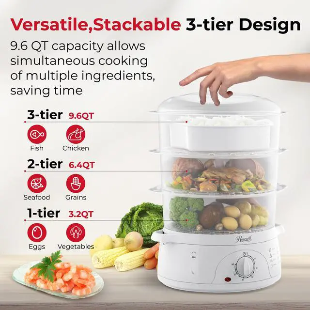Alt view image 2 of 11 - ROSEWILL 4 in 1 Electric Food Steamer, Steamer, Baby food maker, Rice cooker and Sterilizer, 800W turbo steam fast heating, 3 Tier stackable baskets,9.5Qt