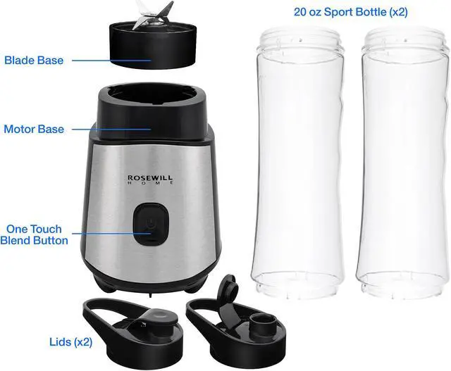 Alt view image 4 of 14 - Rosewill Single Serve Personal Blender for Smoothies, Juices & Shakes, Includes Two 20 oz. BPA-Free Travel Bottles, 300W, Black - (RHBL-18002)