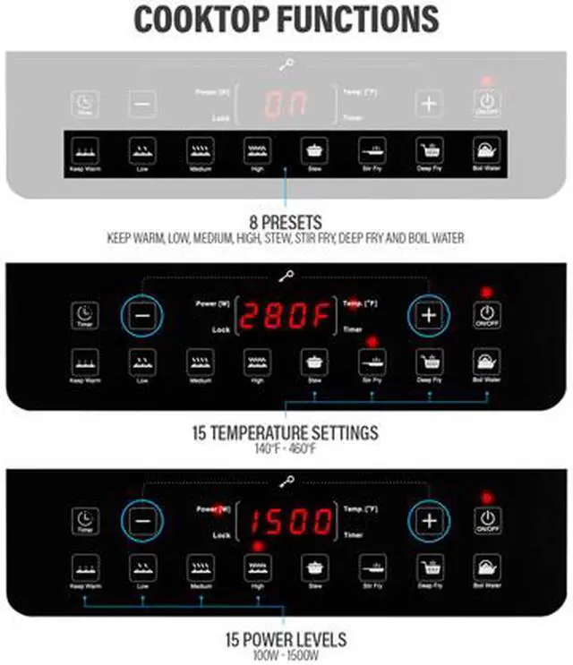 Alt view image 6 of 7 - Rosewill RHAI-19002 Portable Induction Cooktop Countertop Burner, 1500W Electric Induction Cooker with 15 Temperature Settings, 15 Power Levels, 8 Preset Modes