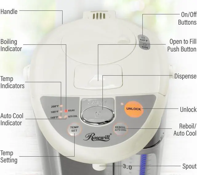 Alt view image 4 of 6 - Rosewill 4.8 Quarts Stainless Steel Hot Water Boiler and Warmer | 3 Temperature Settings | Automatic and Manual Dispense | Safety Features, Boil Dry Protection, Auto Shutoff | White