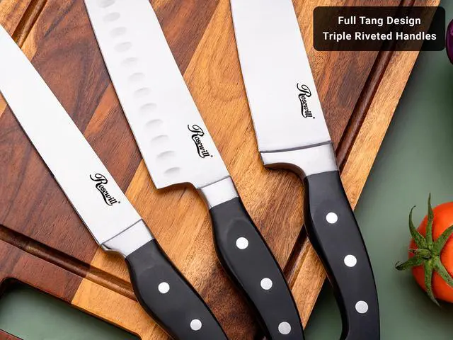 Alt view image 4 of 7 - Rosewill 18-Piece Stainless Steel Professional Cutlery Kitchen Knife Set with Shears, Triple Riveted Handles, Full Tang Design, Wood Block, Built-in Sharpener (RHKS-20001)