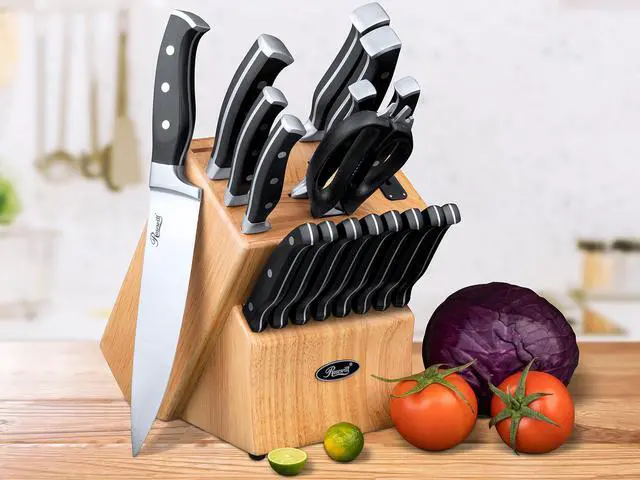 Alt view image 2 of 7 - Rosewill 18-Piece Stainless Steel Professional Cutlery Kitchen Knife Set with Shears, Triple Riveted Handles, Full Tang Design, Wood Block, Built-in Sharpener (RHKS-20001)