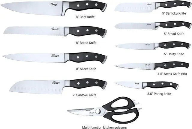Alt view image 5 of 7 - Rosewill 18-Piece Stainless Steel Professional Cutlery Kitchen Knife Set with Shears, Triple Riveted Handles, Full Tang Design, Wood Block, Built-in Sharpener (RHKS-20001)