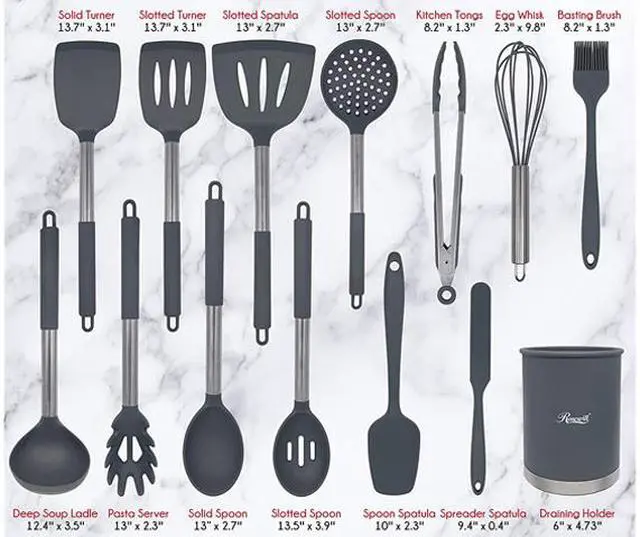 Alt view image 3 of 9 - Rosewill Kitchen Silicone Cooking Utensil Set | High Heat Resistant Spatulas, Spoons, Ladle, Tongs With Stainless Steel Handle, Draining Holder | 14-Piece, Food Grade, Dishwasher Safe (RHKU-21001)