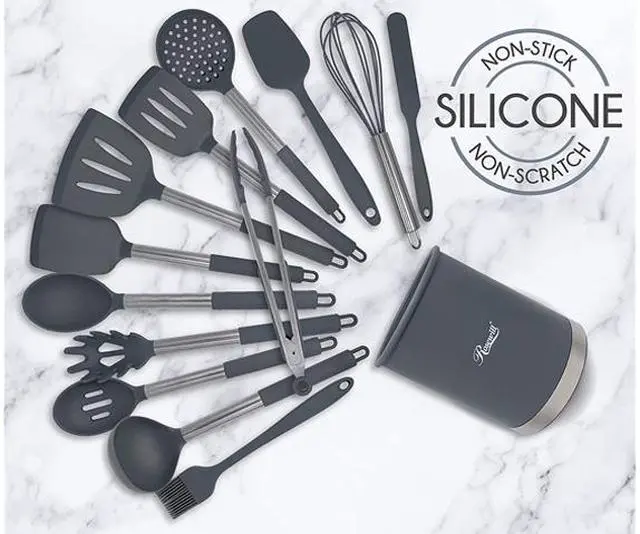 Alt view image 5 of 9 - Rosewill Kitchen Silicone Cooking Utensil Set | High Heat Resistant Spatulas, Spoons, Ladle, Tongs With Stainless Steel Handle, Draining Holder | 14-Piece, Food Grade, Dishwasher Safe (RHKU-21001)