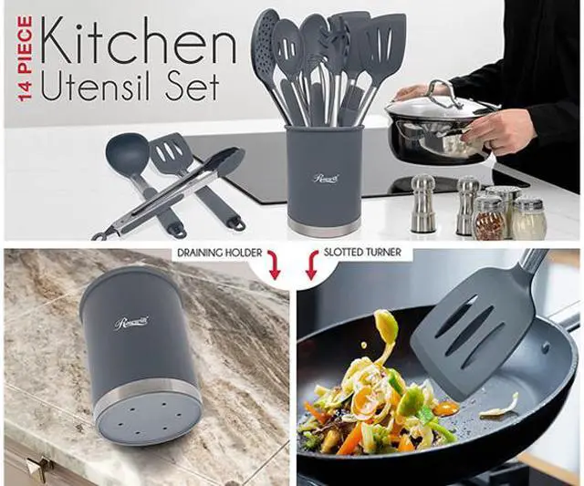 Alt view image 7 of 9 - Rosewill Kitchen Silicone Cooking Utensil Set | High Heat Resistant Spatulas, Spoons, Ladle, Tongs With Stainless Steel Handle, Draining Holder | 14-Piece, Food Grade, Dishwasher Safe (RHKU-21001)
