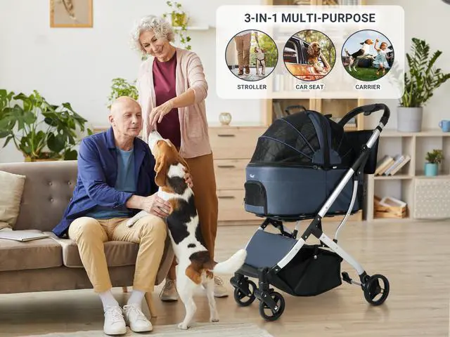 Alt view image 4 of 7 - Rosewill 3-in-1 Pet Stroller for Small/Medium Cats or Dogs, Removable Carrier, Waterproof, 6 Pocket Organizer & Basket, One-Hand Fold, Great for Walking/Jogging/Travel, Navy Blue - (RPPS-22001N)