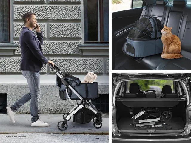 Alt view image 6 of 7 - Rosewill 3-in-1 Pet Stroller for Small/Medium Cats or Dogs, Removable Carrier, Waterproof, 6 Pocket Organizer & Basket, One-Hand Fold, Great for Walking/Jogging/Travel, Navy Blue - (RPPS-22001N)