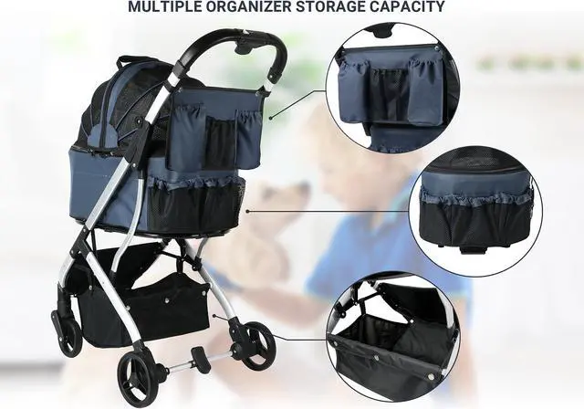 Alt view image 8 of 7 - Rosewill 3-in-1 Pet Stroller for Small/Medium Cats or Dogs, Removable Carrier, Waterproof, 6 Pocket Organizer & Basket, One-Hand Fold, Great for Walking/Jogging/Travel, Navy Blue - (RPPS-22001N)