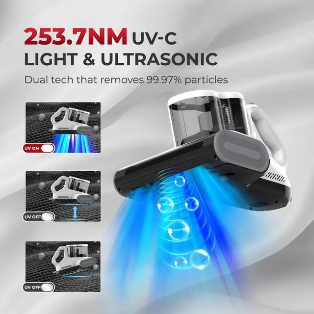 Alt view image 3 of 8 - Rosewill Mattress Vacuum Cleaner: Anti-allergen Bed Vacuum Cleaner with UV-C Light & High Heating Tech, 450W 16Kpa Strong Suction, Deep Cleaning Handheld Vacuums for Sofa/Bed/Pet Hair - Corded - White