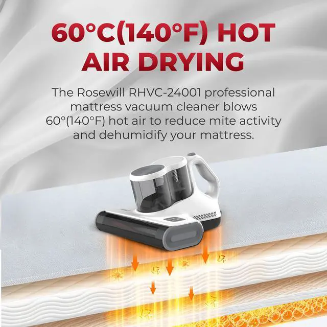 Alt view image 6 of 8 - Rosewill Mattress Vacuum Cleaner: Anti-allergen Bed Vacuum Cleaner with UV-C Light & High Heating Tech, 450W 16Kpa Strong Suction, Deep Cleaning Handheld Vacuums for Sofa/Bed/Pet Hair - Corded - White