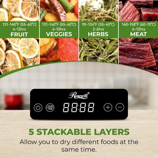 Alt view image 3 of 7 - Rosewill Compact Food Dehydrator, 5 Stackable Trays with Adjustable 48H Timer and Temperature Control - Electric Food Preserver for Jerky, Fruits, Veggies, Meat & Dog Treats