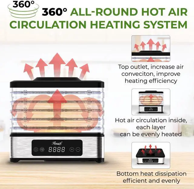 Alt view image 4 of 7 - Rosewill Compact Food Dehydrator, 5 Stackable Trays with Adjustable 48H Timer and Temperature Control - Electric Food Preserver for Jerky, Fruits, Veggies, Meat & Dog Treats