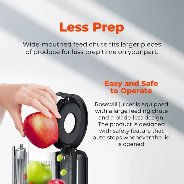 Alt view image 4 of 7 - Rosewill Cold Press Juicer, 4.72" Wide Feed Chute Juice Extractor Machine, High Juice Yield, Slow Masticating Juicer for Whole Vegetables & Fruits
