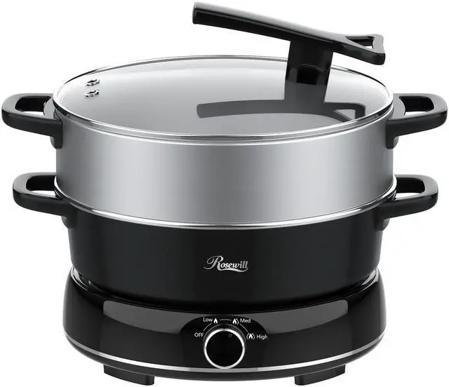 Main image of Rosewill 12.7 QT Electric Hot Pot with Multiple Functions, Split Design with 11.8 inch Wider Cooking Pot and SUS Steam Basket, 1600W High Power, Includes Utensils - Black